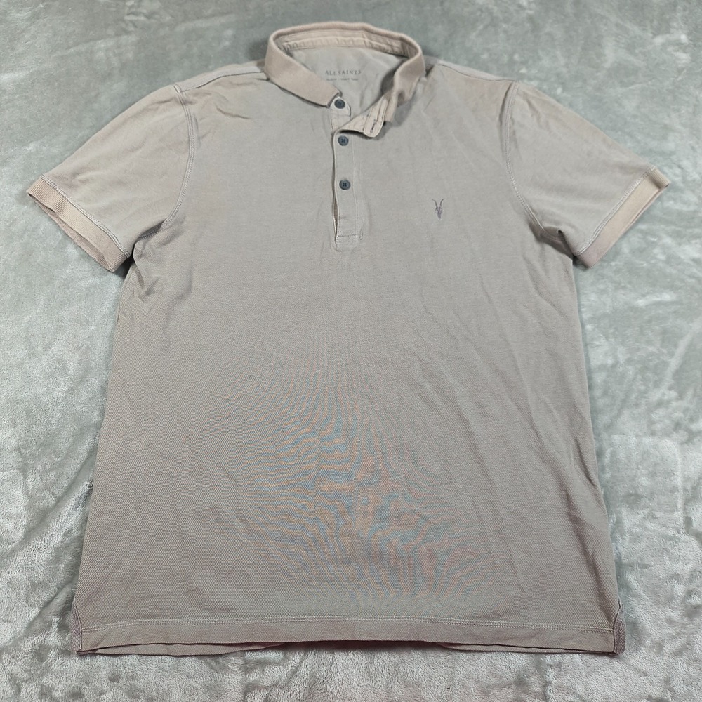 AllSaints Polo Shirt Mens Medium Gray Ramskull Embroidered Cotton Pique
